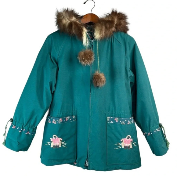 VINTAGE Handmade Labrador Parka Jacket Hunter Green Embroidered Fox Fur Poms M - Picture 11 of 11